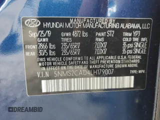 2020 Hyundai Santa Fe SE with VIN 5NMS2CAD4LH179007, listed as a Copart auction lot 60174055 with 72,505 mi miles and Salvage title. Bid and sale history available at DreamBid. Image 13.