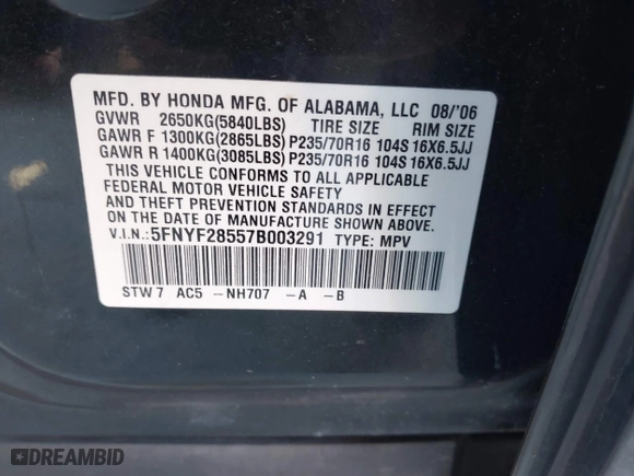 2007 Honda Pilot EX-L with VIN 5FNYF28557B003291, listed as a IAAI auction lot 41812795 with 191,493 mi miles. Bid and sale history available at carsss.com. Image 9.