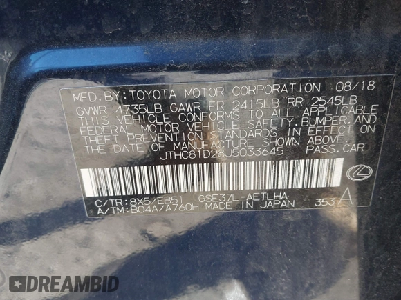 2018 Lexus IS 300 z VIN JTHC81D28J5033645, wystawiony jako IAAI lot #41624783 z przebiegiem 93 694 mil mil oraz . Historia ofert i sprzedaży dostępna na DreamBid. Obrazek 9.