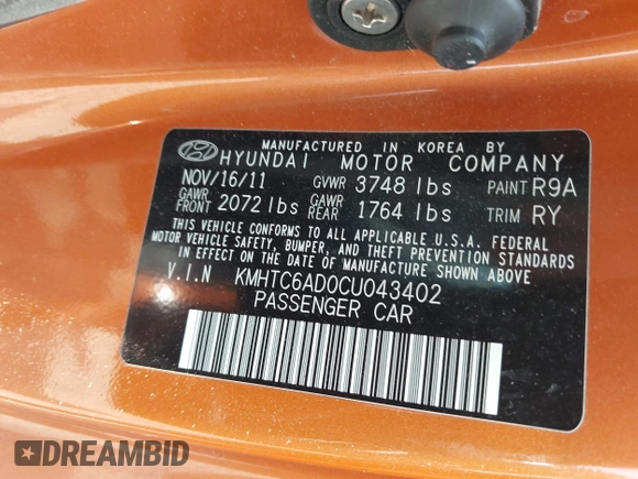 2012 Hyundai Veloster w/Gray Int с VIN KMHTC6AD0CU043402, выставлен на аукционе IAAI как лот 42406321 с пробегом 116 734 миль миль и . История ставок и продаж доступна на DreamBid. Изображение 9.