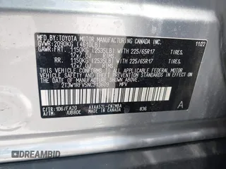 2022 Toyota RAV4 XLE z VIN 2T3W1RFV5NC213609, wystawiony jako IAAI lot #42561113 z przebiegiem 22 125 mil mil oraz . Historia ofert i sprzedaży dostępna na DreamBid. Obrazek 9.