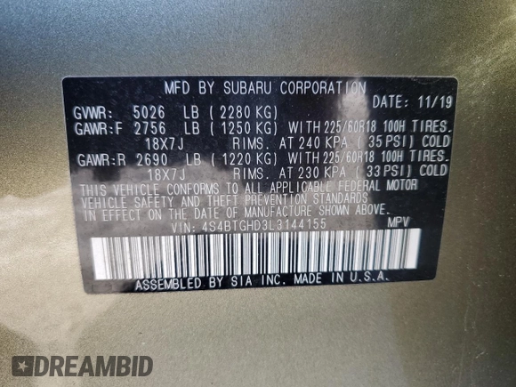 2020 Subaru Outback with VIN 4S4BTGHD3L3144155, listed as a Copart auction lot 86255994 with 44,719 mi miles and Salvage title. Bid and sale history available at DreamBid. Image 12.