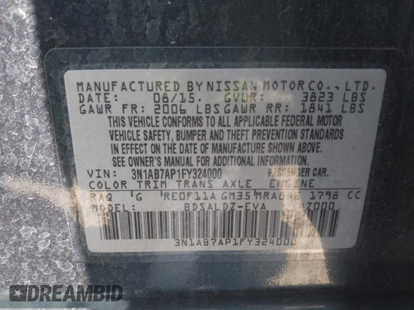 2015 Nissan Sentra SV with VIN 3N1AB7AP1FY324000, listed as a IAAI auction lot 42163220 with 140,863 mi miles and . Bid and sale history available at DreamBid. Image 9.