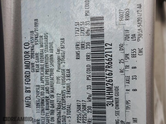 2007 Lincoln MKZ with VIN 3LNHM26T67R662112, listed as a Copart auction lot 76933334 with 159,130 mi miles and Salvage Title. Bid and sale history available at carsss.com. Image 12.