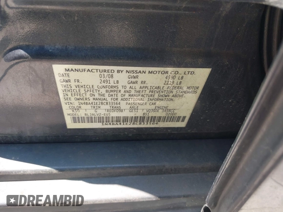 2008 Nissan Maxima SE with VIN 1N4BA41E28C833564, listed as a IAAI auction lot 42404949 with Not provided miles and . Bid and sale history available at DreamBid. Image 9.