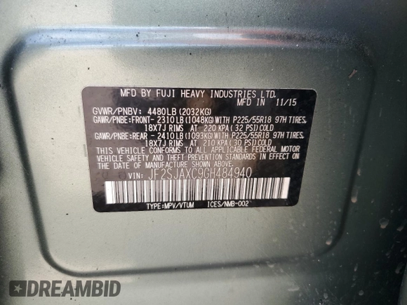 2016 Subaru Forester Touring with VIN JF2SJAXC9GH484940, listed as a Copart auction lot 59201495 with Not provided miles and Salvage title. Bid and sale history available at DreamBid. Image 13.