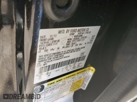 2013 Ford Expedition Max XLT with VIN 1FMJK1H56DEF30434, listed as a Copart auction lot 58162914 with Not provided miles and Salvage title. Bid and sale history available at DreamBid. Image 12.