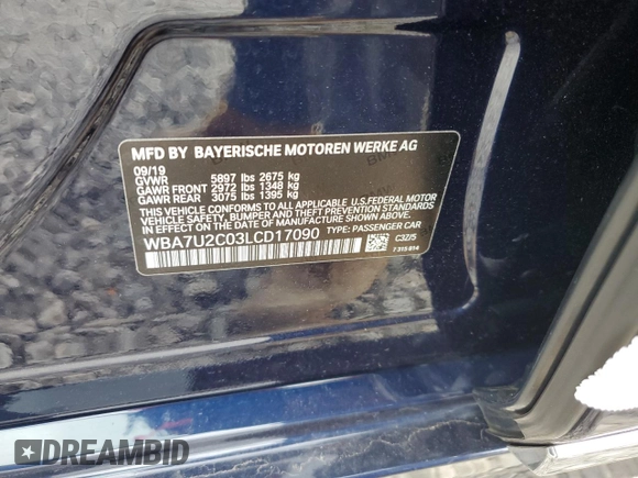 2020 BMW 7 Series 750i xDrive with VIN WBA7U2C03LCD17090, listed as a Copart auction lot 54480795 with 48,260 mi miles and Salvage title. Bid and sale history available at DreamBid. Image 13.