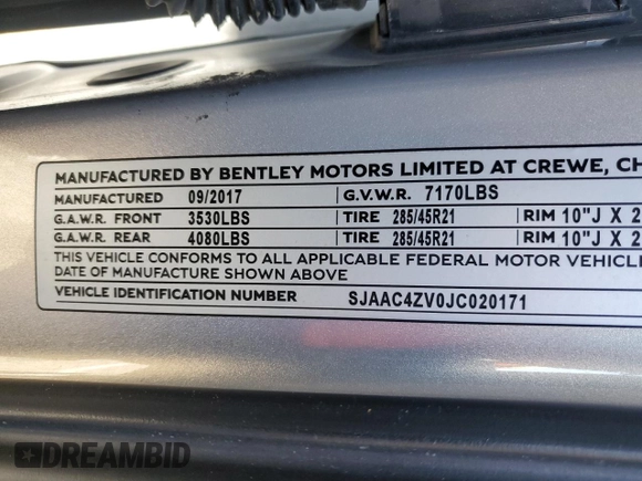 2018 Bentley Bentayga Signature z VIN SJAAC4ZV0JC020171, wystawiony jako Copart lot #48413645 z przebiegiem 76 196 mil mil oraz Szkody całkowita. Historia ofert i sprzedaży dostępna na DreamBid. Obrazek 14.
