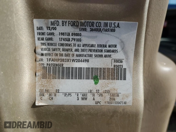2001 Ford Focus ZTS with VIN 1FAHP383X1W204498, listed as a Copart auction lot 87933995 with 82,555 mi miles and Salvage Title. Bid and sale history available at carsss.com. Image 14.