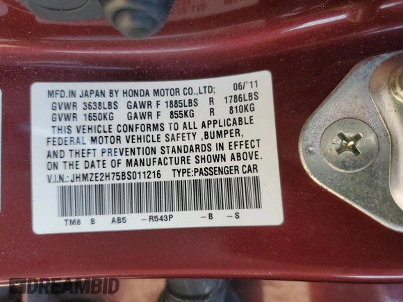 2011 Honda Insight EX with VIN JHMZE2H75BS011216, listed as a Copart auction lot 60434195 with 108,288 mi miles and Salvage title. Bid and sale history available at DreamBid. Image 14.