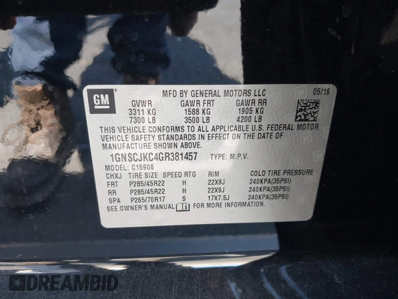 2016 Chevrolet Suburban LTZ с VIN 1GNSCJKC4GR381457, выставлен на аукционе IAAI как лот 42093531 с пробегом 92 679 миль миль и . История ставок и продаж доступна на DreamBid. Изображение 9.