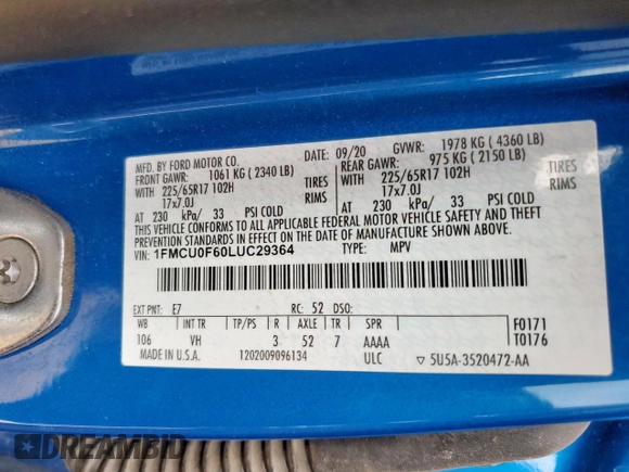 2020 Ford Escape S с VIN 1FMCU0F60LUC29364, выставлен на аукционе Copart как лот 56281235 с пробегом 66 755 миль миль и Списание • Salvage title. История ставок и продаж доступна на DreamBid. Изображение 13.
