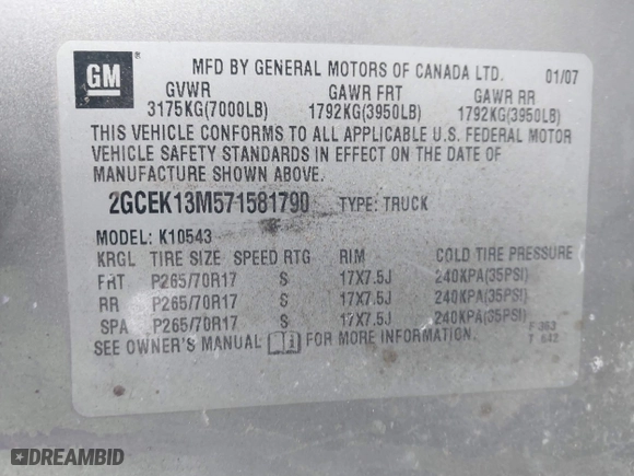 2007 Chevrolet Silverado 1500 LTZ with VIN 2GCEK13M571581790, listed as a IAAI auction lot 41663432 with 184,977 mi miles. Bid and sale history available at carsss.com. Image 9.