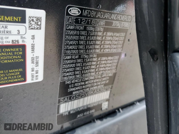 2019 Land Rover Range Rover HSE with VIN SALGS2SV8KA539212, listed as a Copart auction lot 52172195 with 75,349 mi miles and Clean Title. Bid and sale history available at DreamBid. Image 12.