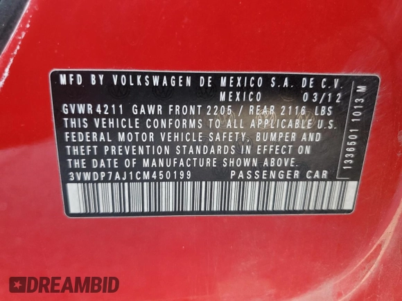 2012 Volkswagen Jetta SE z VIN 3VWDP7AJ1CM450199, wystawiony jako Copart lot #59988655 z przebiegiem Nie podano mil oraz Szkoda całkowita • Salvage title. Historia ofert i sprzedaży dostępna na DreamBid. Obrazek 12.