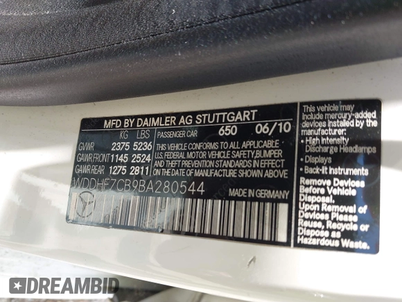 2011 Mercedes-Benz E 550 Luxury with VIN WDDHF7CB9BA280544, listed as a IAAI auction lot 42223937 with 150,109 mi miles and . Bid and sale history available at DreamBid. Image 9.