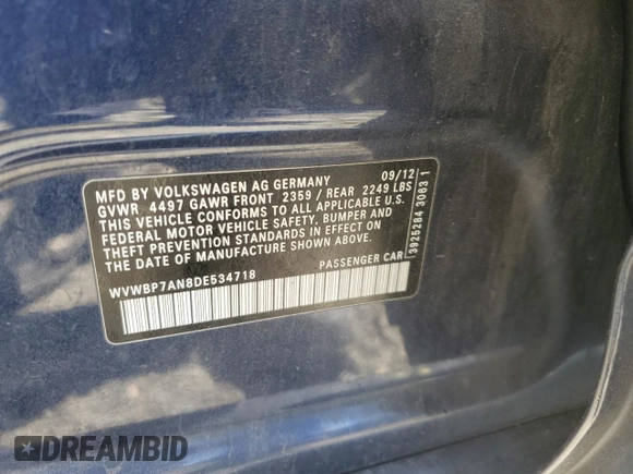 2013 Volkswagen CC Sport Plus with VIN WVWBP7AN8DE534718, listed as a Copart auction lot 50083635 with 148,942 mi miles and Salvage Title. Bid and sale history available at carsss.com. Image 12.