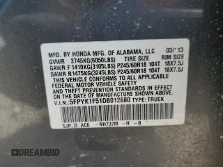 2013 Honda Ridgeline RTL with VIN 5FPYK1F51DB012680, listed as a Copart auction lot 50987085 with 63,372 mi miles and Salvage Title. Bid and sale history available at carsss.com. Image 13.