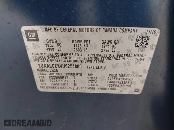 2017 Chevrolet Equinox LT with VIN 2GNALCEK4H6254800, listed as a IAAI auction lot 41281805 with 91,966 mi miles. Bid and sale history available at carsss.com. Image 9.
