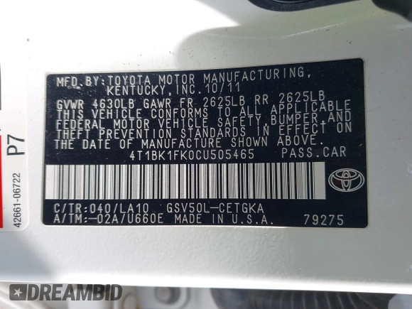 2012 Toyota Camry SE with VIN 4T1BK1FK0CU505465, listed as a IAAI auction lot 41781408 with 130,884 mi miles. Bid and sale history available at carsss.com. Image 9.