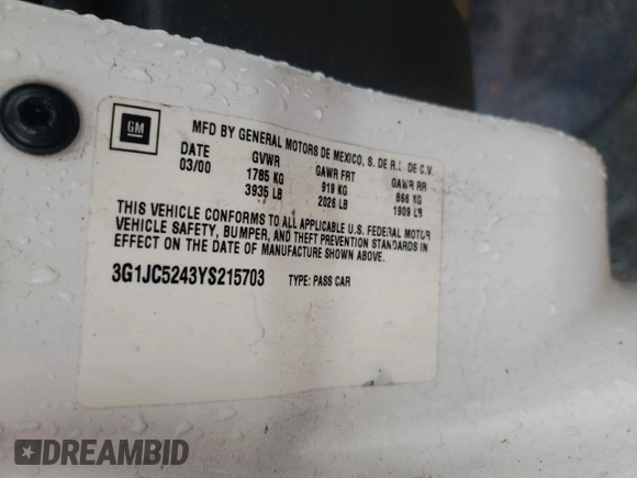2000 Chevrolet Cavalier z VIN 3G1JC5243YS215703, wystawiony jako Copart lot #56736015 z przebiegiem Nie podano mil oraz Szkoda całkowita • Salvage title. Historia ofert i sprzedaży dostępna na DreamBid. Obrazek 12.