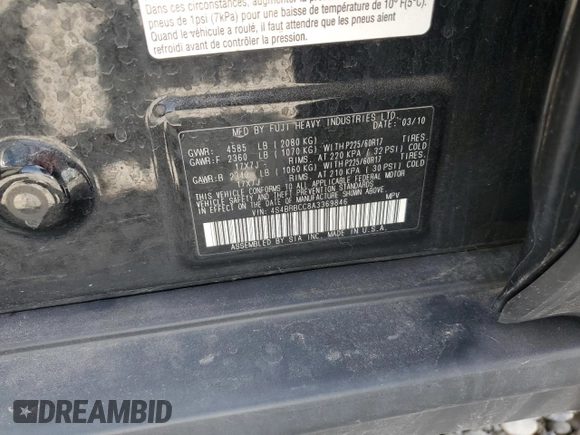 2010 Subaru Outback Premium All-Weather Anniversary with VIN 4S4BRBCC8A3369846, listed as a Copart auction lot 52776185 with 102,209 mi miles and Salvage title. Bid and sale history available at DreamBid. Image 12.