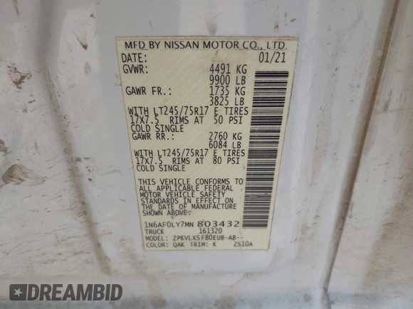 2021 Nissan NV S with VIN 1N6AF0LY7MN803432, listed as a IAAI auction lot 42489107 with 52,215 mi miles and . Bid and sale history available at DreamBid. Image 9.