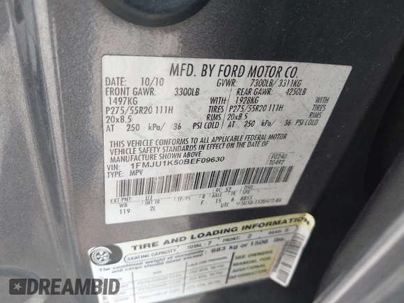 2011 Ford Expedition Limited with VIN 1FMJU1K50BEF09630, listed as a IAAI auction lot 41439602 with 192,409 mi miles. Bid and sale history available at carsss.com. Image 9.