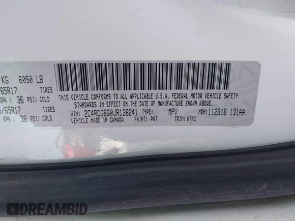 2018 Dodge Grand Caravan SE Plus with VIN 2C4RDGBG0JR138241, listed as a IAAI auction lot 41962762 with 125,644 mi miles and . Bid and sale history available at DreamBid. Image 9.