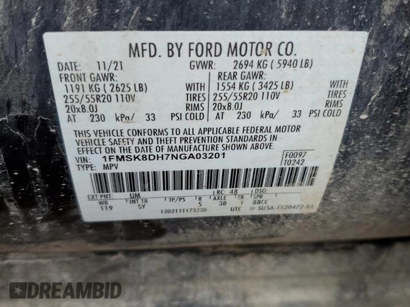 2022 Ford Explorer XLT с VIN 1FMSK8DH7NGA03201, выставлен на аукционе Copart как лот 63268535 с пробегом 35 251 миль миль и Чистый • Clean title. История ставок и продаж доступна на DreamBid. Изображение 13.