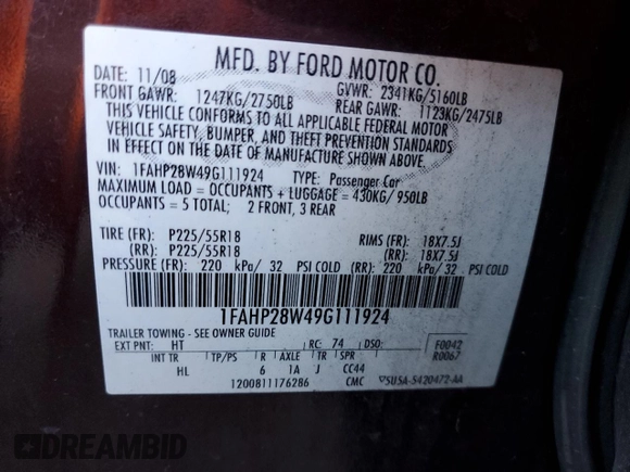 2009 Ford Taurus Limited with VIN 1FAHP28W49G111924, listed as a Copart auction lot 43807235 with 0 mi miles and Salvage Title. Bid and sale history available at carsss.com. Image 12.