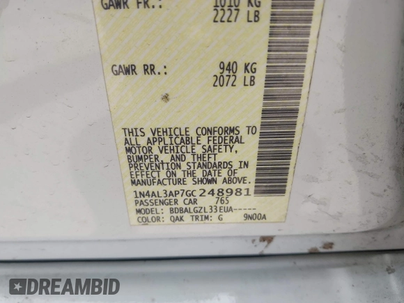 2016 Nissan Altima SR with VIN 1N4AL3AP7GC248981, listed as a IAAI auction lot 42324092 with 266,215 mi miles and . Bid and sale history available at DreamBid. Image 9.