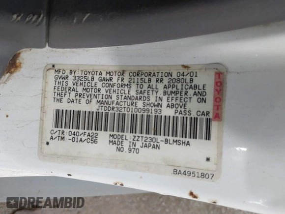 2001 Toyota Celica GT с VIN JTDDR32T010099193, выставлен на аукционе IAAI как лот 41995006 с пробегом 227 578 миль миль и . История ставок и продаж доступна на DreamBid. Изображение 9.