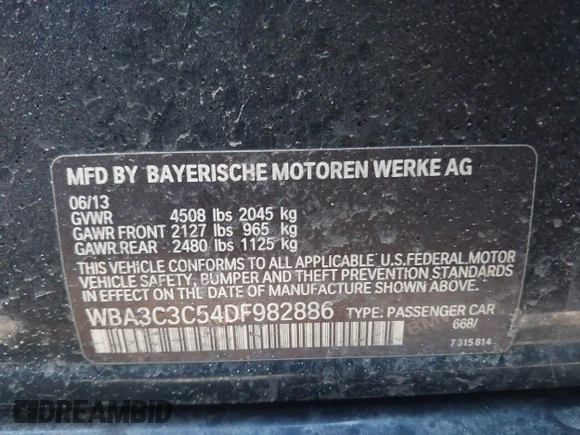 2013 BMW 3 Series 320i xDrive z VIN WBA3C3C54DF982886, wystawiony jako IAAI lot #41907850 z przebiegiem 104 020 mil mil oraz . Historia ofert i sprzedaży dostępna na DreamBid. Obrazek 9.