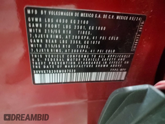 2024 Volkswagen Taos SE z VIN 3VVVX7B29RM087529, wystawiony jako Copart lot #50750745 z przebiegiem 6 936 mil mil oraz Szkoda całkowita • Salvage title. Historia ofert i sprzedaży dostępna na DreamBid. Obrazek 13.