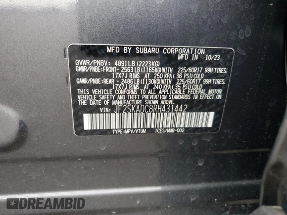 2024 Subaru Forester Premium z VIN JF2SKADC8RH431442, wystawiony jako Copart lot #51538045 z przebiegiem 5 072 mil mil oraz Szkoda całkowita • Salvage title. Historia ofert i sprzedaży dostępna na DreamBid. Obrazek 15.