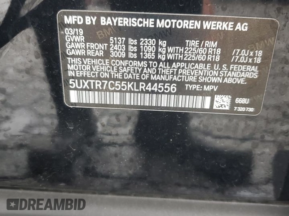2019 BMW X3 sDrive30i with VIN 5UXTR7C55KLR44556, listed as a Copart auction lot 55632405 with 95,330 mi miles and Clean Title. Bid and sale history available at DreamBid. Image 13.