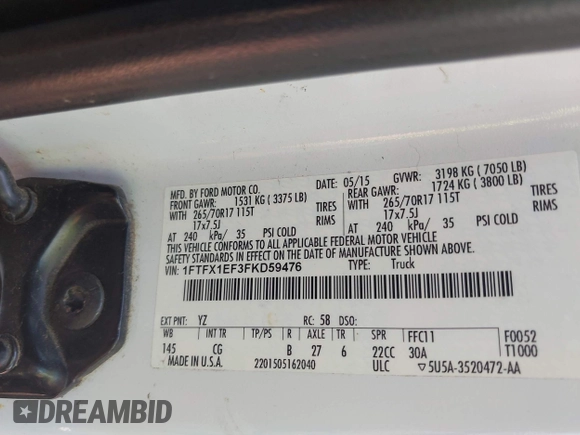 2015 Ford F-150 XLT with VIN 1FTFX1EF3FKD59476, listed as a IAAI auction lot 42622270 with 201,039 mi miles and . Bid and sale history available at DreamBid. Image 9.