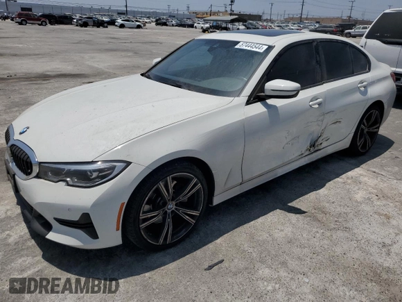 2022 BMW 3 Series 330i with VIN 3MW5R1J04N8C53879, listed as a Copart auction lot 57444544 with 27,972 mi miles and Salvage Title. Bid and sale history available at carsss.com. Image 1.