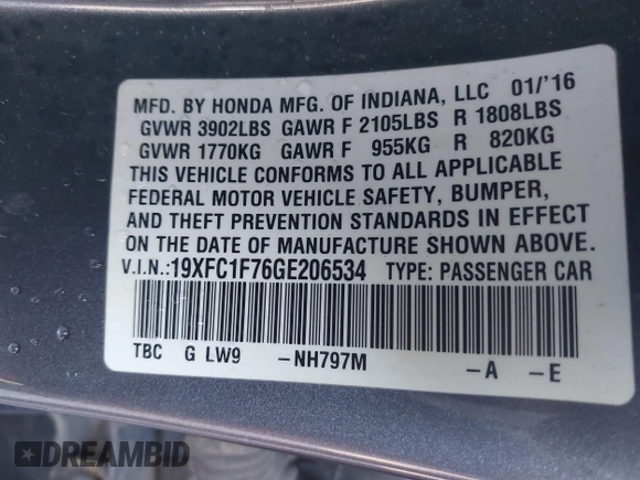 2016 Honda Civic Sedan EX-L with VIN 19XFC1F76GE206534, listed as a IAAI auction lot 41485715 with 105,663 mi miles. Bid and sale history available at carsss.com. Image 9.