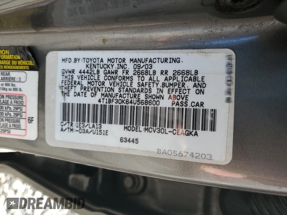 2004 Toyota Camry LE with VIN 4T1BF30K64U568600, listed as a Copart auction lot 51914425 with 154,802 mi miles and Salvage Title. Bid and sale history available at carsss.com. Image 13.