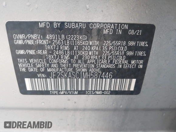 2021 Subaru Forester Limited with VIN JF2SKASC1MH587446, listed as a IAAI auction lot 41455476 with 32,265 mi miles. Bid and sale history available at carsss.com. Image 9.