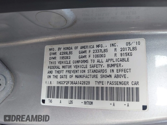 2010 Honda Accord LX with VIN 1HGCP2F36AA142629, listed as a IAAI auction lot 42575675 with 176,257 mi miles and . Bid and sale history available at DreamBid. Image 9.
