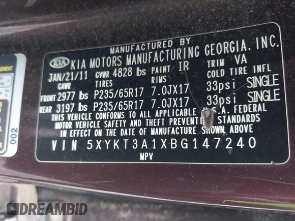 2011 Kia Sorento LX with VIN 5XYKT3A1XBG147240, listed as a IAAI auction lot 42465947 with 112,150 mi miles and . Bid and sale history available at DreamBid. Image 9.