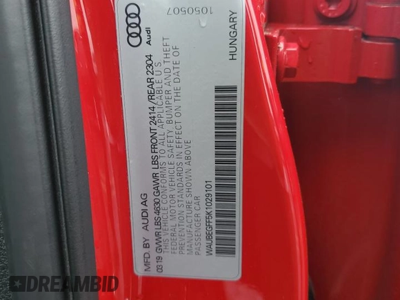 2019 Audi A3 Sedan Premium with VIN WAUBEGFF5K1029101, listed as a Copart auction lot 73255204 with 39,476 mi miles and Clean Title. Bid and sale history available at carsss.com. Image 13.