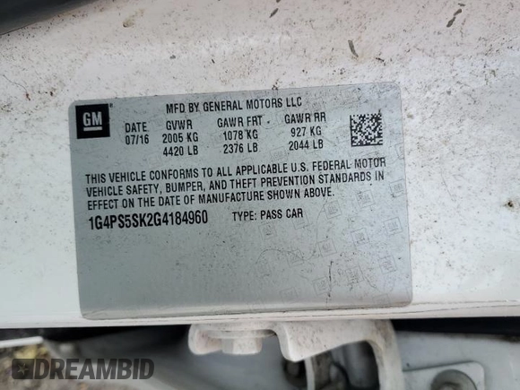 2016 Buick Verano Group with VIN 1G4PS5SK2G4184960, listed as a Copart auction lot 58577215 with 124,358 mi miles and Salvage title. Bid and sale history available at DreamBid. Image 12.