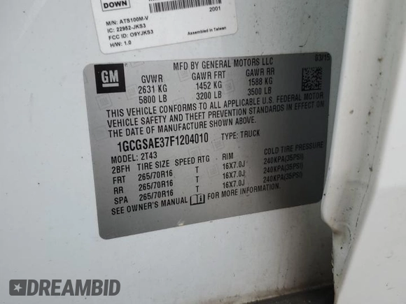 2015 Chevrolet Colorado 2WD WT with VIN 1GCGSAE37F1204010, listed as a Copart auction lot 43378205 with 202,540 mi miles and Salvage title. Bid and sale history available at DreamBid. Image 12.