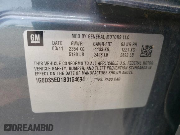 2011 Cadillac CTS Premium z VIN 1G6DS5ED1B0154694, wystawiony jako Copart lot #59187255 z przebiegiem Nie podano mil oraz Szkoda całkowita • Salvage title. Historia ofert i sprzedaży dostępna na DreamBid. Obrazek 12.