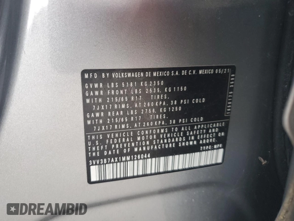 2021 Volkswagen Tiguan SE z VIN 3VV3B7AX1MM126044, wystawiony jako Copart lot #61306415 z przebiegiem 73 159 mil mil oraz Szkoda całkowita • Salvage title. Historia ofert i sprzedaży dostępna na DreamBid. Obrazek 12.